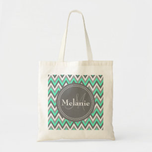 Monogrammed Blue & Grey Chevron Pattern Tote Bag