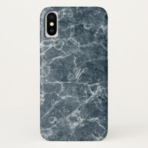 Monogrammed Blue Grey Marble Pattern iPhone X Case