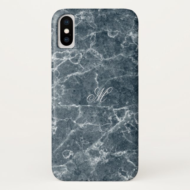 Monogrammed Blue Grey Marble Pattern Case-Mate iPhone Case (Back)