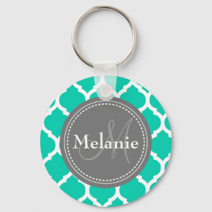 Monogrammed Blue & Grey Quatrefoil Key Ring