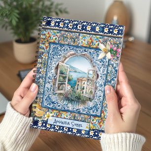 Monogrammed Blue Italian Tile Citrus Summer Floral Notebook