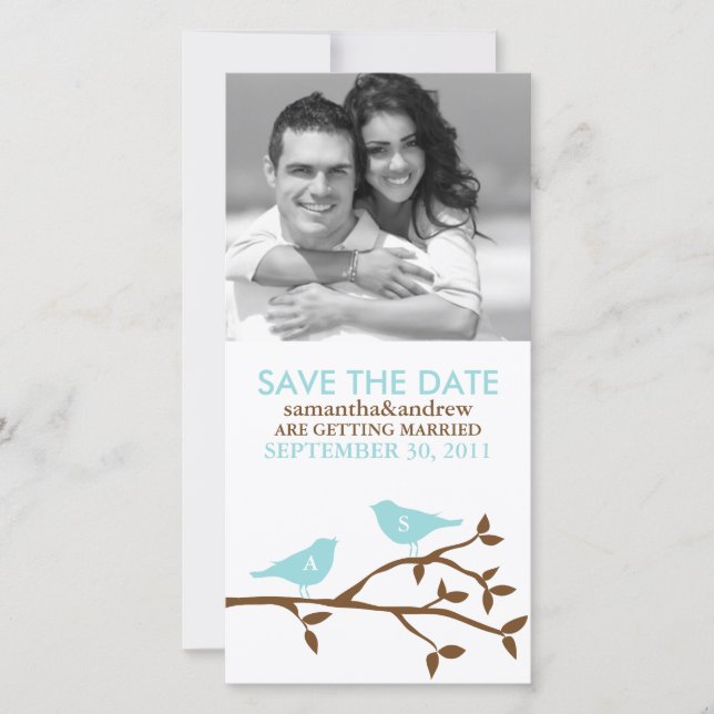 Monogrammed Blue Love Birds Save the Date (Front)