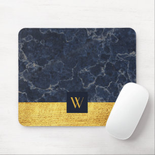 Monogrammed Blue Marble Faux Gold Texture Print Mouse Mat