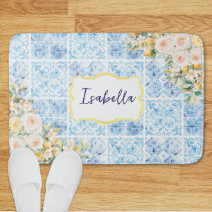 Monogrammed Blue Mediterranean Tiles Flower Lemon Bath Mat