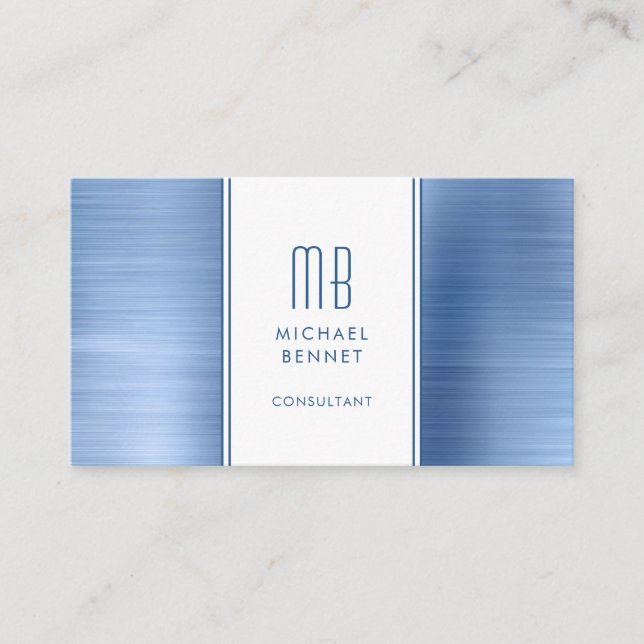 Monogrammed Blue Metallic Foil Consultant Business Card (Front)