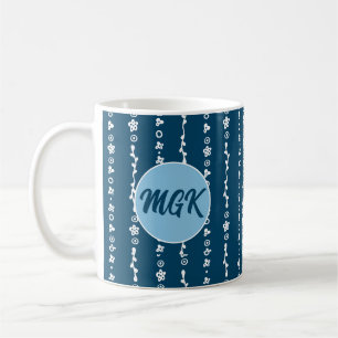 Monogrammed Blue Mug - White Graphic Line Pattern