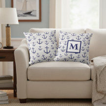 Monogrammed Blue Nautical Anchor Pillow
