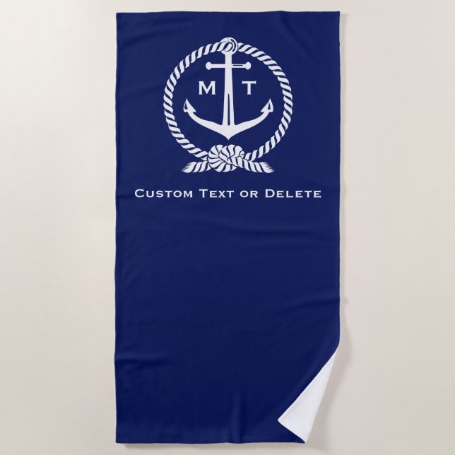 Monogrammed Blue Nautical Anchor Rope Custom Text Beach Towel (Front)