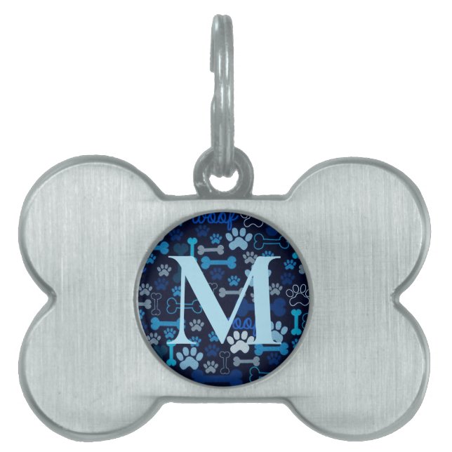Monogrammed Blue Paw Prints & Bones Pet ID Tag (Front)