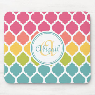 Monogrammed Blue Pink Moroccan Lattice Pattern Mouse Mat