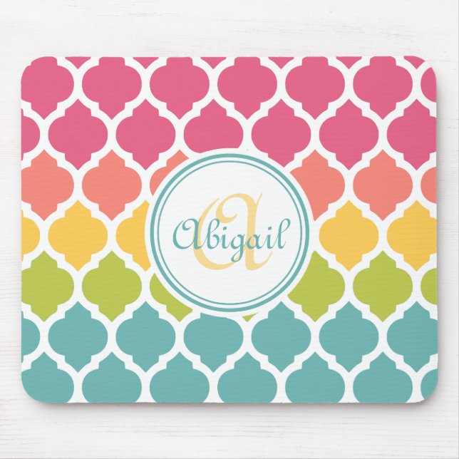 Monogrammed Blue Pink Moroccan Lattice Pattern Mouse Mat (Front)
