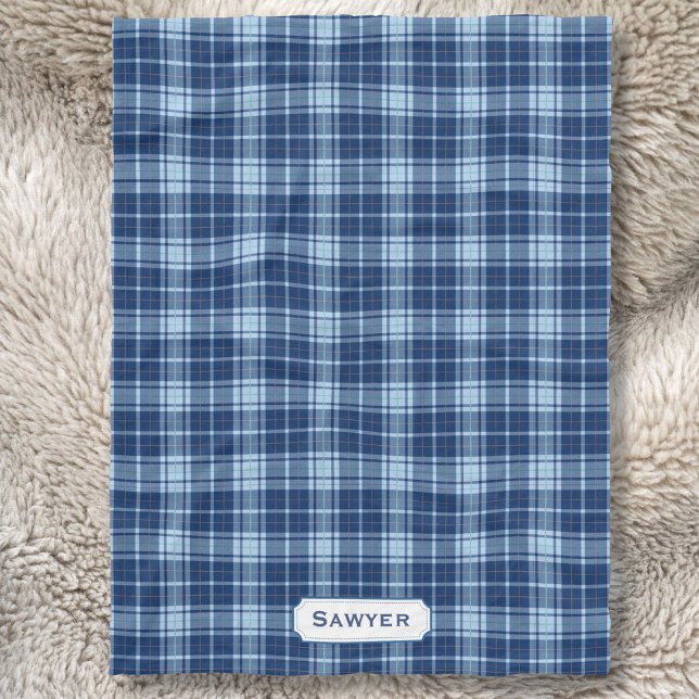 Monogrammed Blue Plaid Rustic Preppy Pattern Cosy Fleece Blanket (Creator Uploaded)
