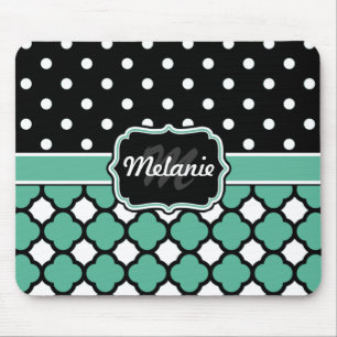 Monogrammed Blue Quatrefoil Lattice Polka Dot Mouse Mat