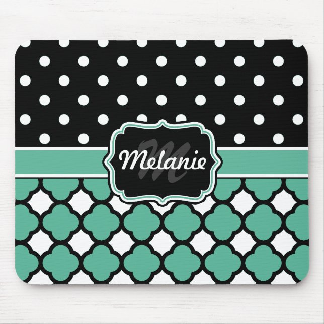 Monogrammed Blue Quatrefoil Lattice Polka Dot Mouse Mat (Front)