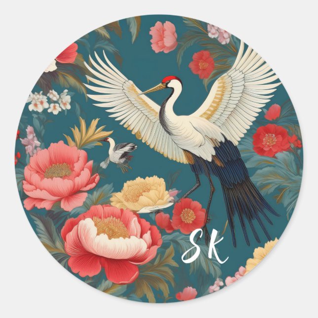 Monogrammed Blue & Red Floral & cranes Chinoiserie Classic Round Sticker (Front)