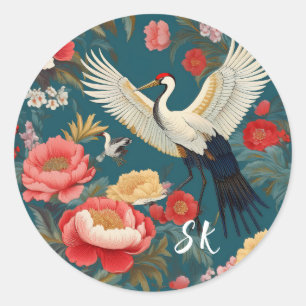 Monogrammed Blue & Red Floral & cranes Chinoiserie Classic Round Sticker
