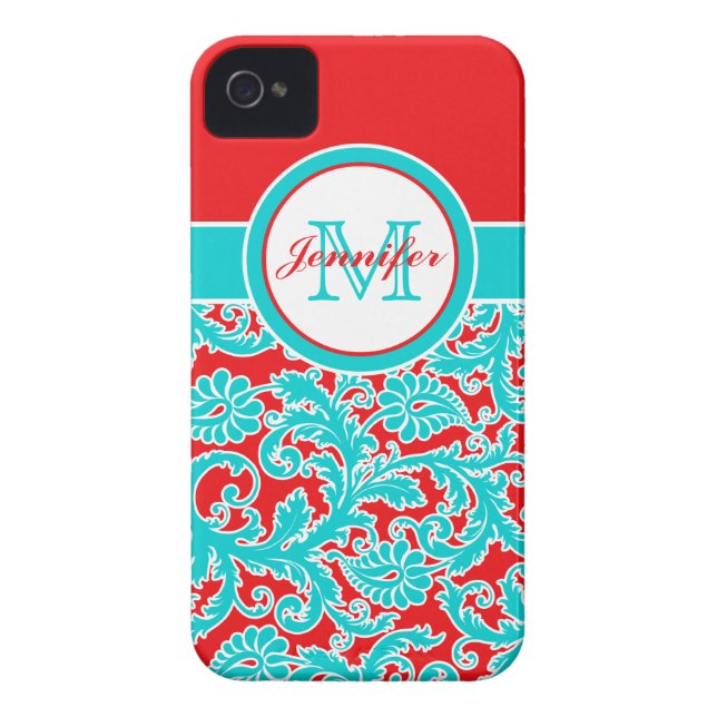 Monogrammed Blue, Red, White Damask iPhone 4 Case-Mate iPhone Case (Back)