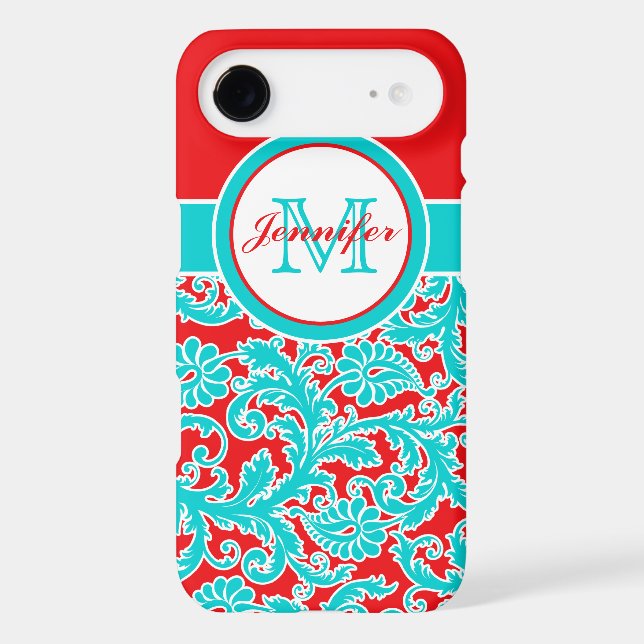 Monogrammed Blue, Red, White Damask iPhone 4 Case-Mate iPhone Case (Back)