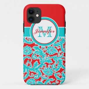 Monogrammed Blue, Red, White Damask iPhone 5 iPhone 11 Case