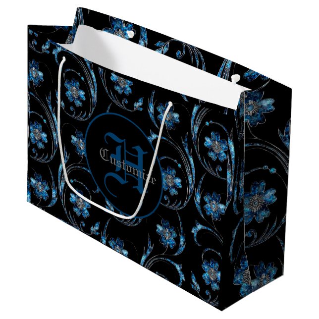 Monogrammed Blue Shimmer Floral 2 Large Gift Bag (Front Angled)