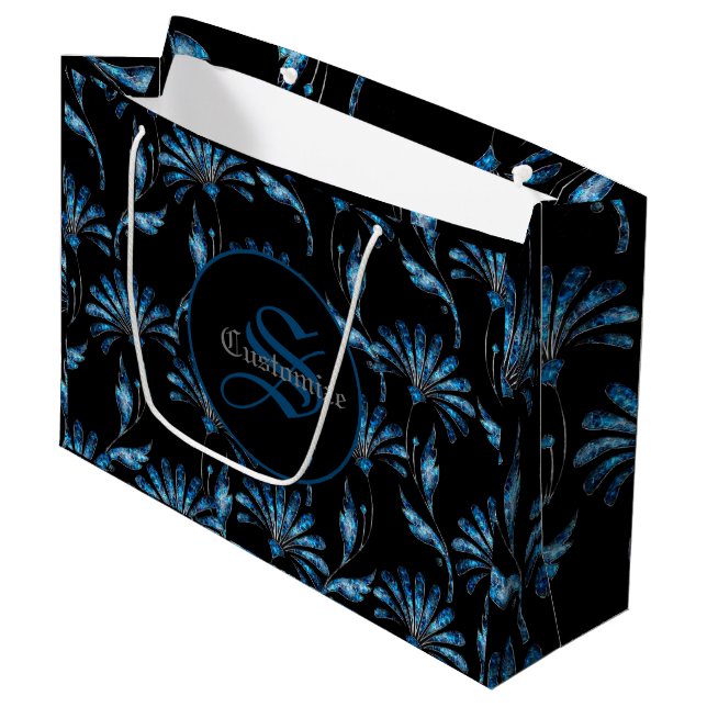 Monogrammed Blue Shimmer Floral Large Gift Bag (Front Angled)