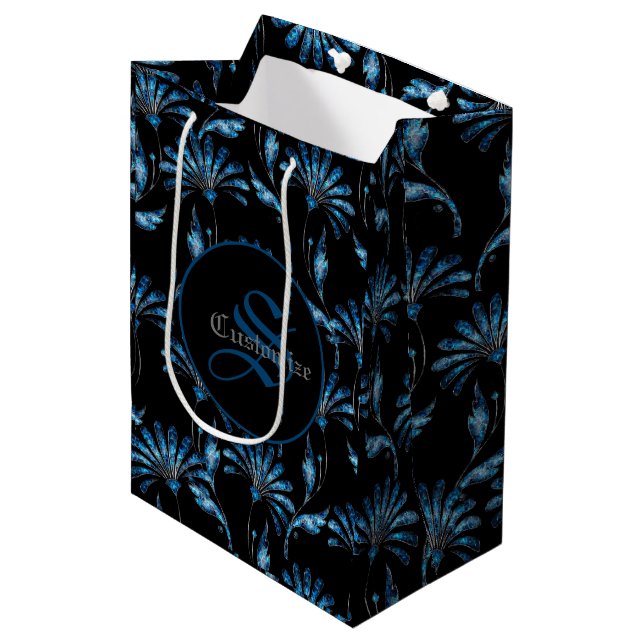 Monogrammed Blue Shimmer Floral Medium Gift Bag (Front Angled)