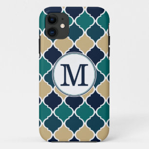 Monogrammed Blue Tan Moroccan Lattice Pattern iPhone 11 Case