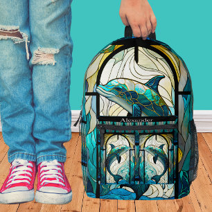 Monogrammed Blue Teal Dolphin Stain Glass look Printed Backpack