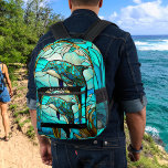 Monogrammed Blue Teal Dolphin Stain Glass look Printed Backpack<br><div class="desc">Monogrammed Blue Teal Dolphin in the Ocean in Faux Stained Glass Design. Monogrammed with Name,  Teal Blue,  and Black Modern Beach Life Dolphin in the Ocean Back Pack</div>