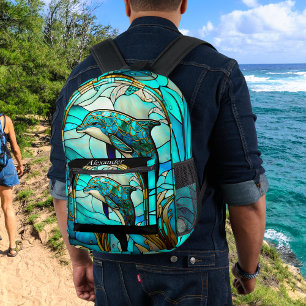Monogrammed Blue Teal Dolphin Stain Glass look Printed Backpack