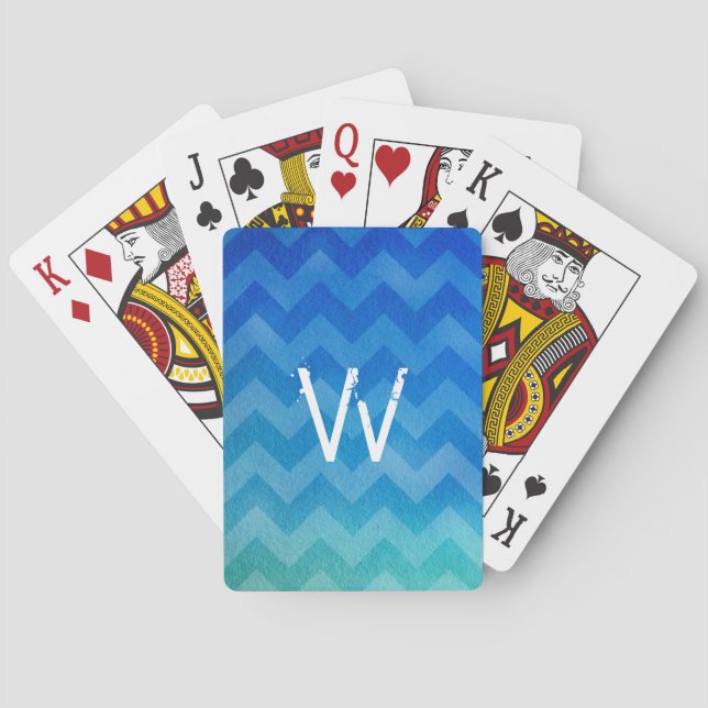 Monogrammed Blue Watercolor Ombre Zigzag Playing Cards (Back)