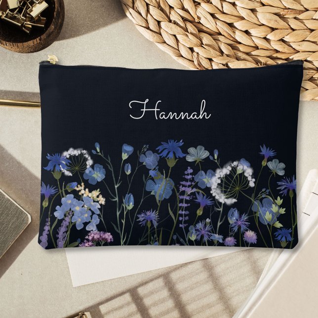 Monogrammed Blue Watercolor Wildflower Accessory Pouch (In situ, on table)
