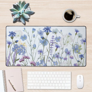 Monogrammed Blue Watercolor Wildflower Garden Desk Mat