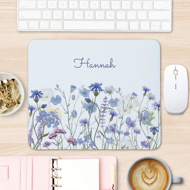 Monogrammed Blue Watercolor Wildflower Garden Mouse Mat (In situ office desk)
