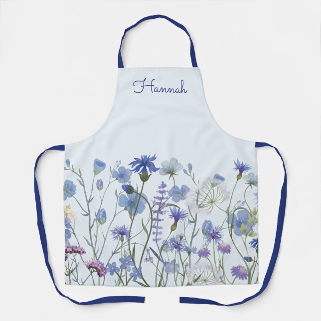 Monogrammed Blue Watercolor Wildflower Meadow Apron (Front)