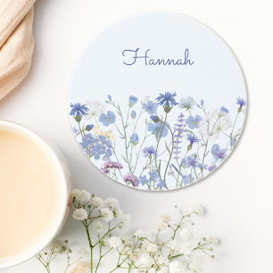 Monogrammed Blue Watercolor Wildflower Meadow Coaster