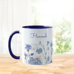 Monogrammed Blue Watercolor Wildflower Meadow Mug