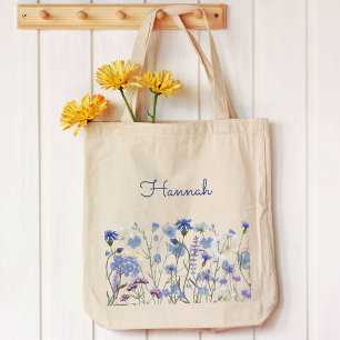 Monogrammed Blue Watercolor Wildflower Meadow Tote Bag
