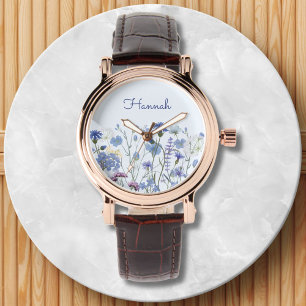 Monogrammed Blue Watercolor Wildflower Meadow Watch