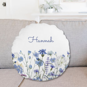 Monogrammed Blue Watercolor Wildflower Nursery Round Cushion