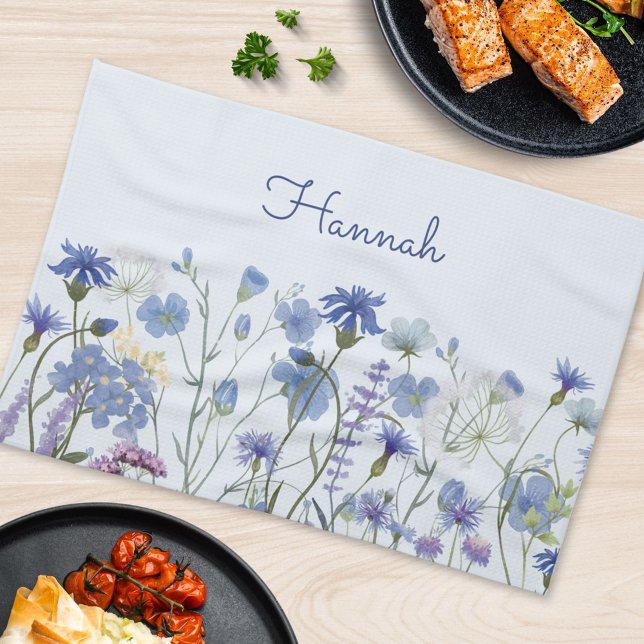 Monogrammed Blue Watercolor Wildflower Tea Tea Towel (In situ Kitchen table)