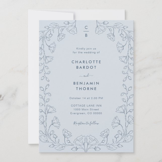 Monogrammed Blue Wedding Invitation (Front)