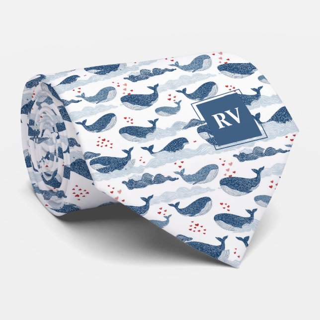 Monogrammed Blue Whales & Hearts in Waves Tie (Rolled)