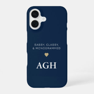 Monogrammed Blue White Funny Typography Gold Heart iPhone 16 Case