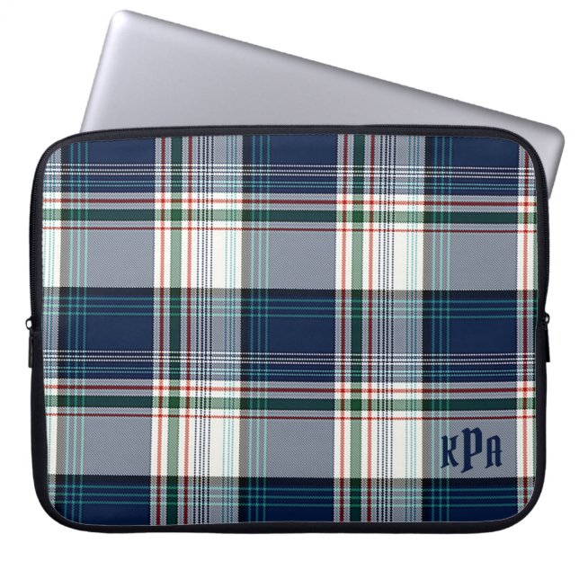 Monogrammed Blue & White Multi Thread Plaid Laptop Sleeve (Front)