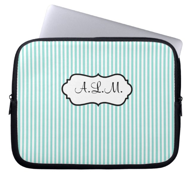 Monogrammed Blue, White Striped Laptop Sleeve (Front)