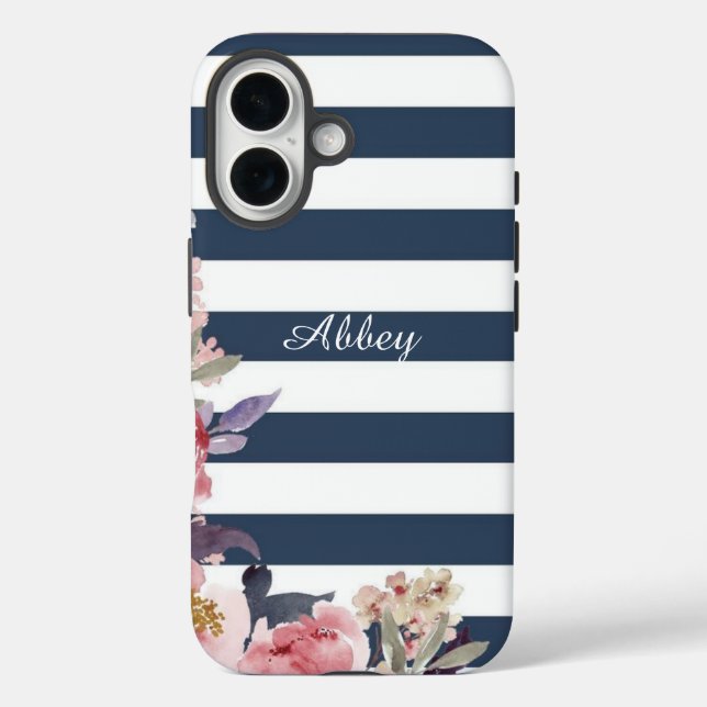 Monogrammed blue & white stripped cell phone case (Back)