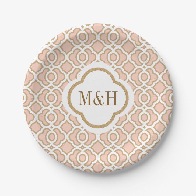 Monogrammed Blush and Gold Moroccan Wedding Paper Plate (Front)