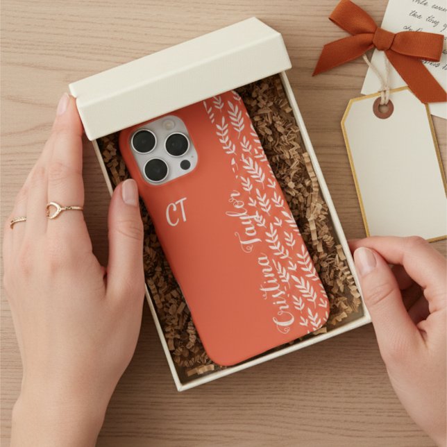 monogrammed Blush Leaf pattern on pink Stylish iPhone Case (Creator Uploaded)