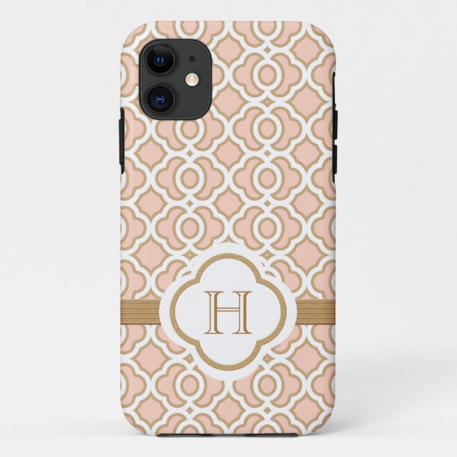 Monogrammed Blush Pink Gold Moroccan Case-Mate iPhone Case (Back)
